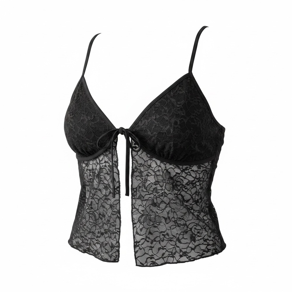 Forever‎ 21 Black Sheer Floral Lace Cami Top Front Tie XL Women Gothic Coquette